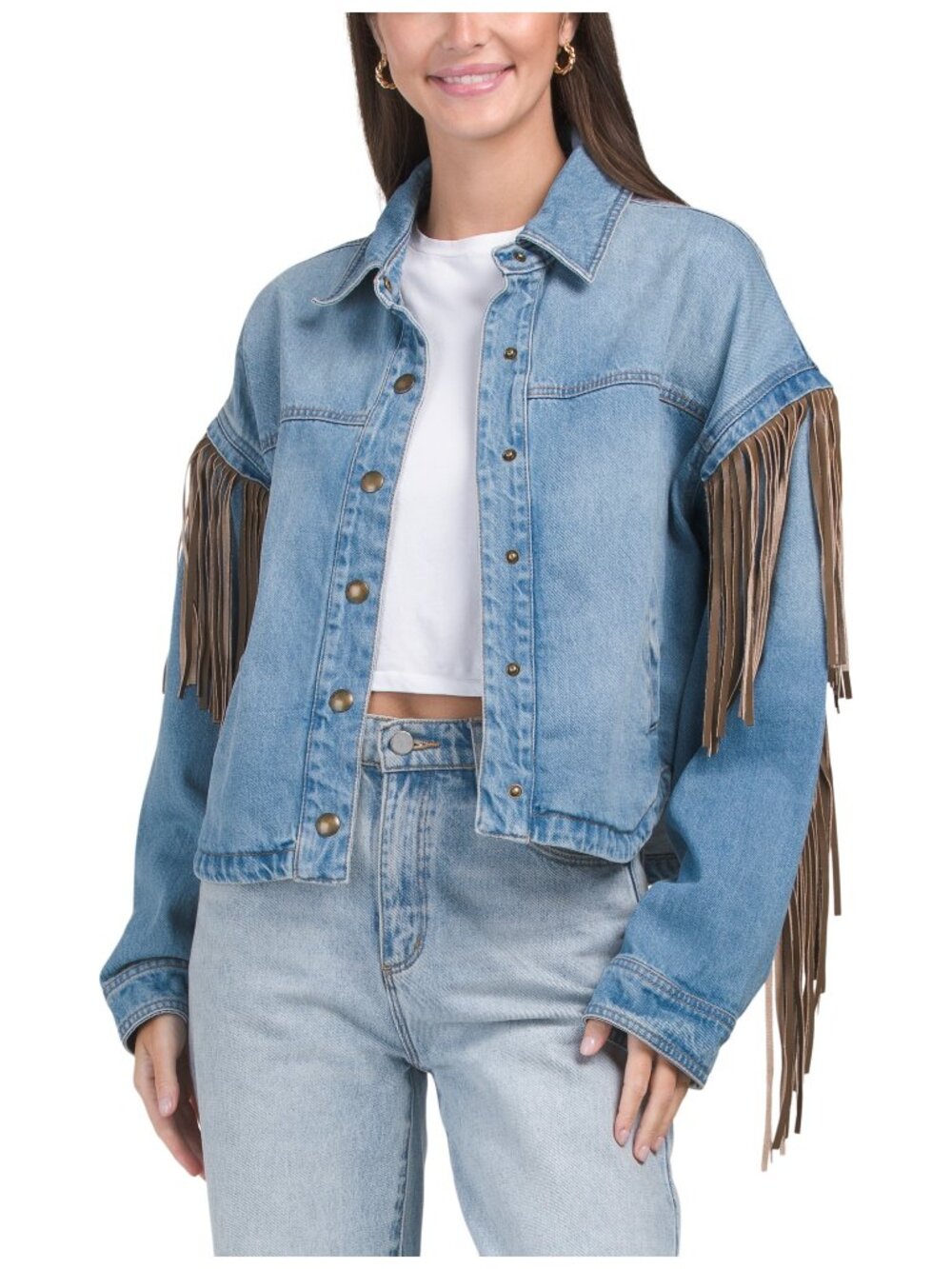 BLANKNYC Denim Shacket Faux Suede Fringe Sleeves Blue